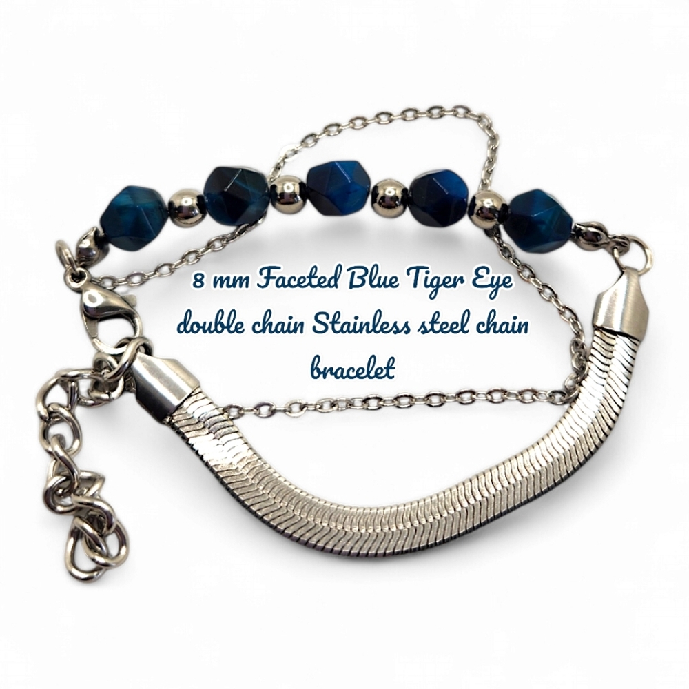 8 mm Faceted Blue Tiger Eye double chain Stainless steel Bracelet